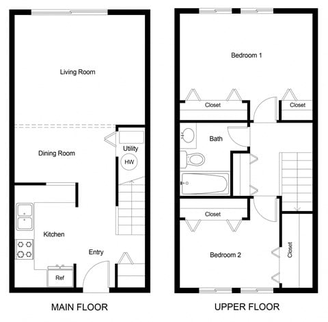 Floor plan for 2 beds, 1 bath, 896 sqft